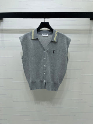 YSL Polo Collar Knit Vest Silk Wool 392666
