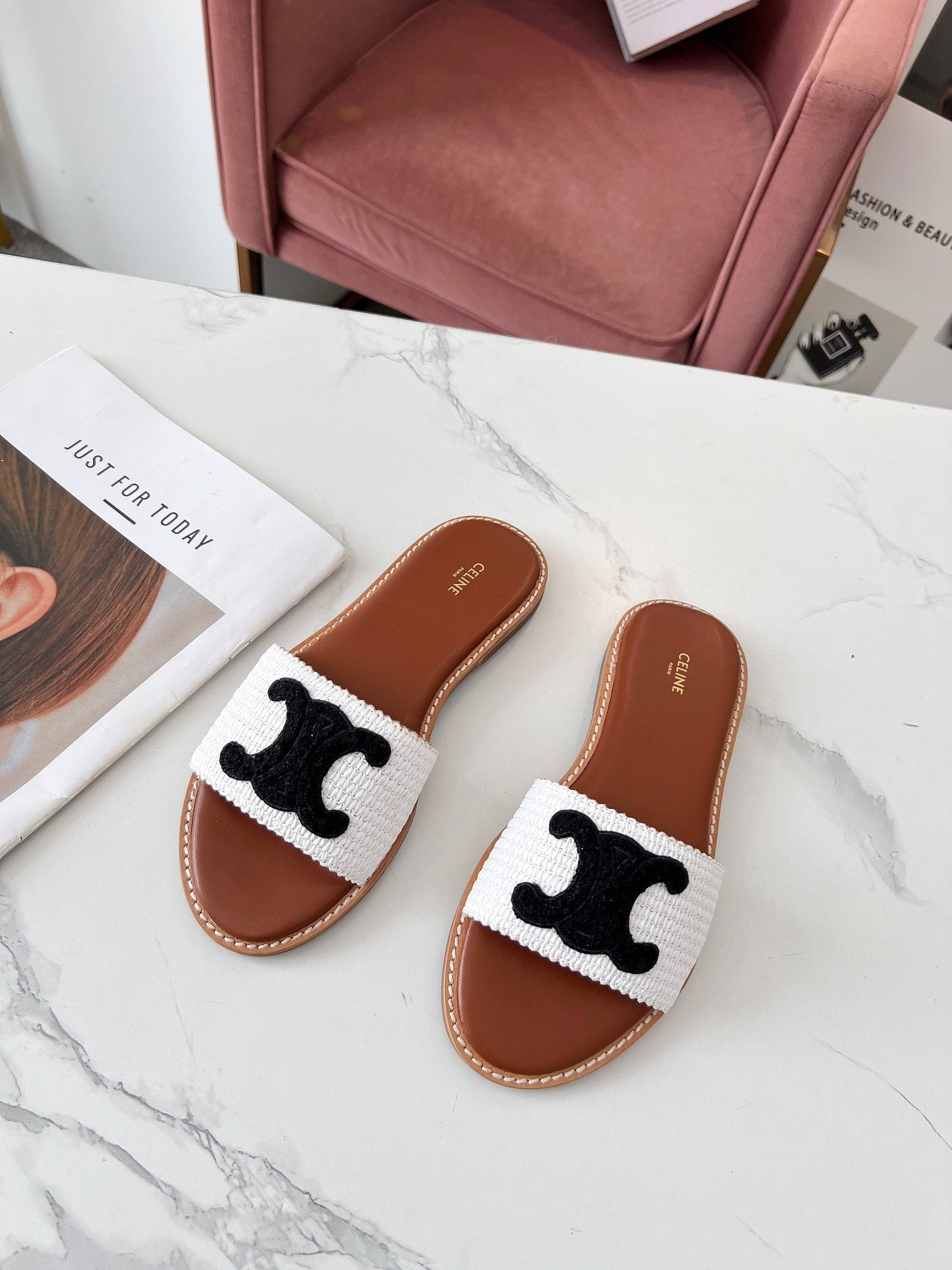 Celine 26s Slip-on Sandals Cotton Leather 982665