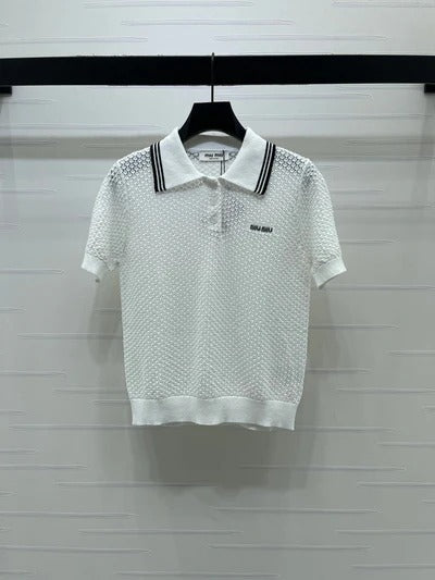 Miumiu 2026 Hollow-out Knitted Collared Short-sleeved T-shirt Wool Cashmere 374995