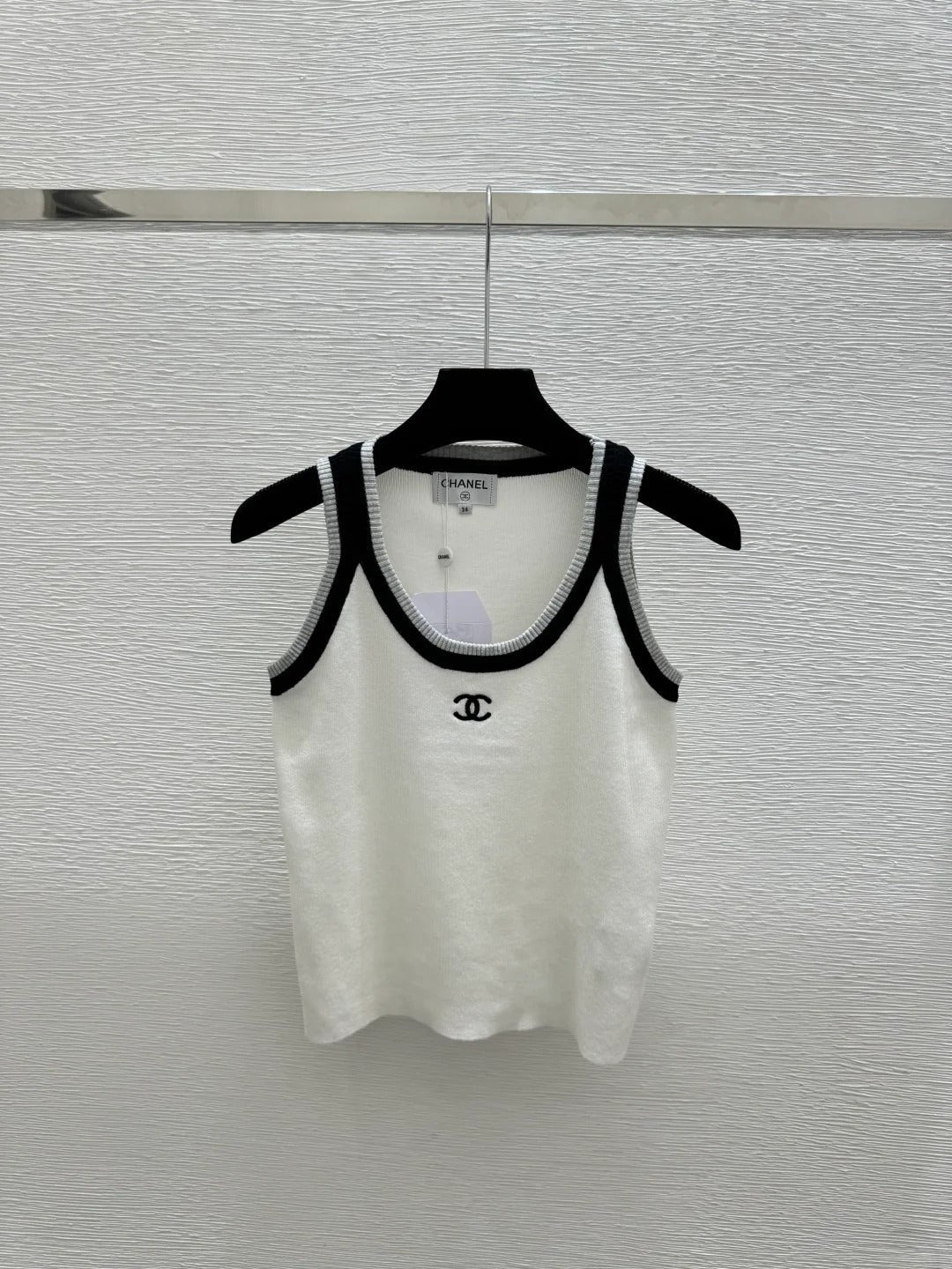 Chanel 2026 Tank Top White and Navy Blue Wool Nylon