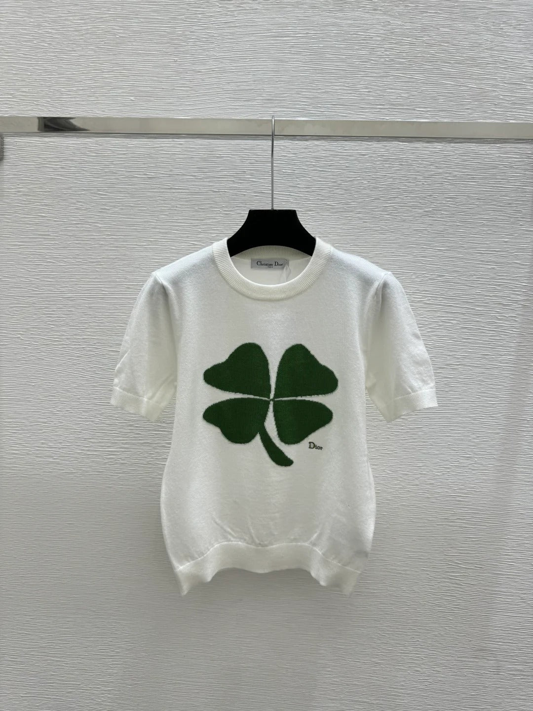Dior 2026 Clover Embroidery T-shirt White and Pink Wool
