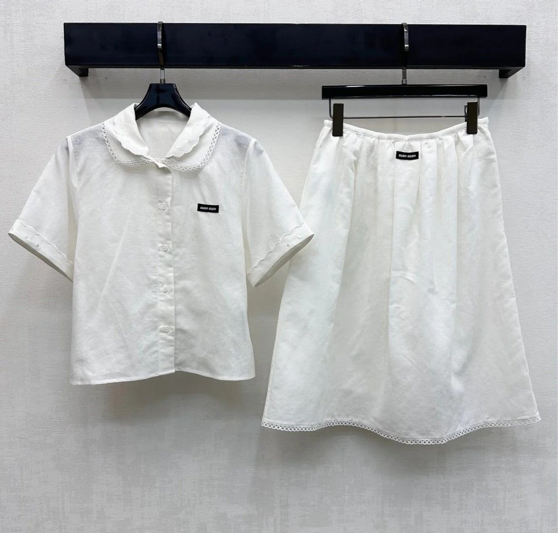 Miumiu 2026 Lace-trimmed Short-Sleeve Shirt and Skirt Set Cotton