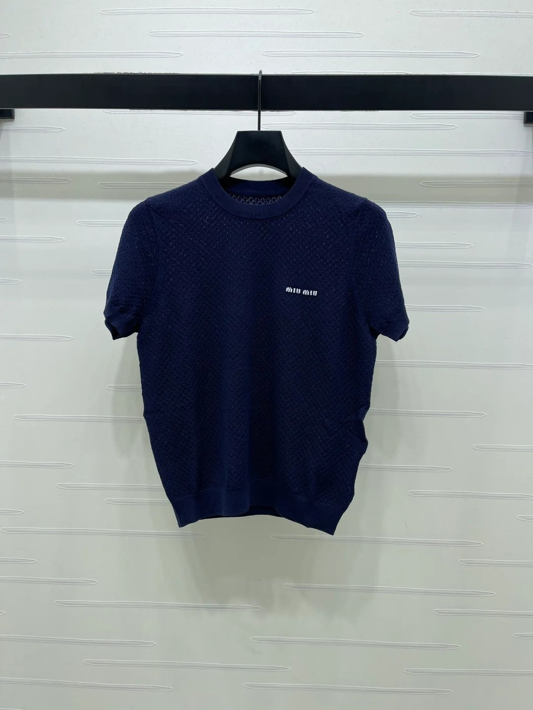 Miumiu 2026 Crew Neck Knit Short-Sleeve Shirt with Letter Logo Tencel