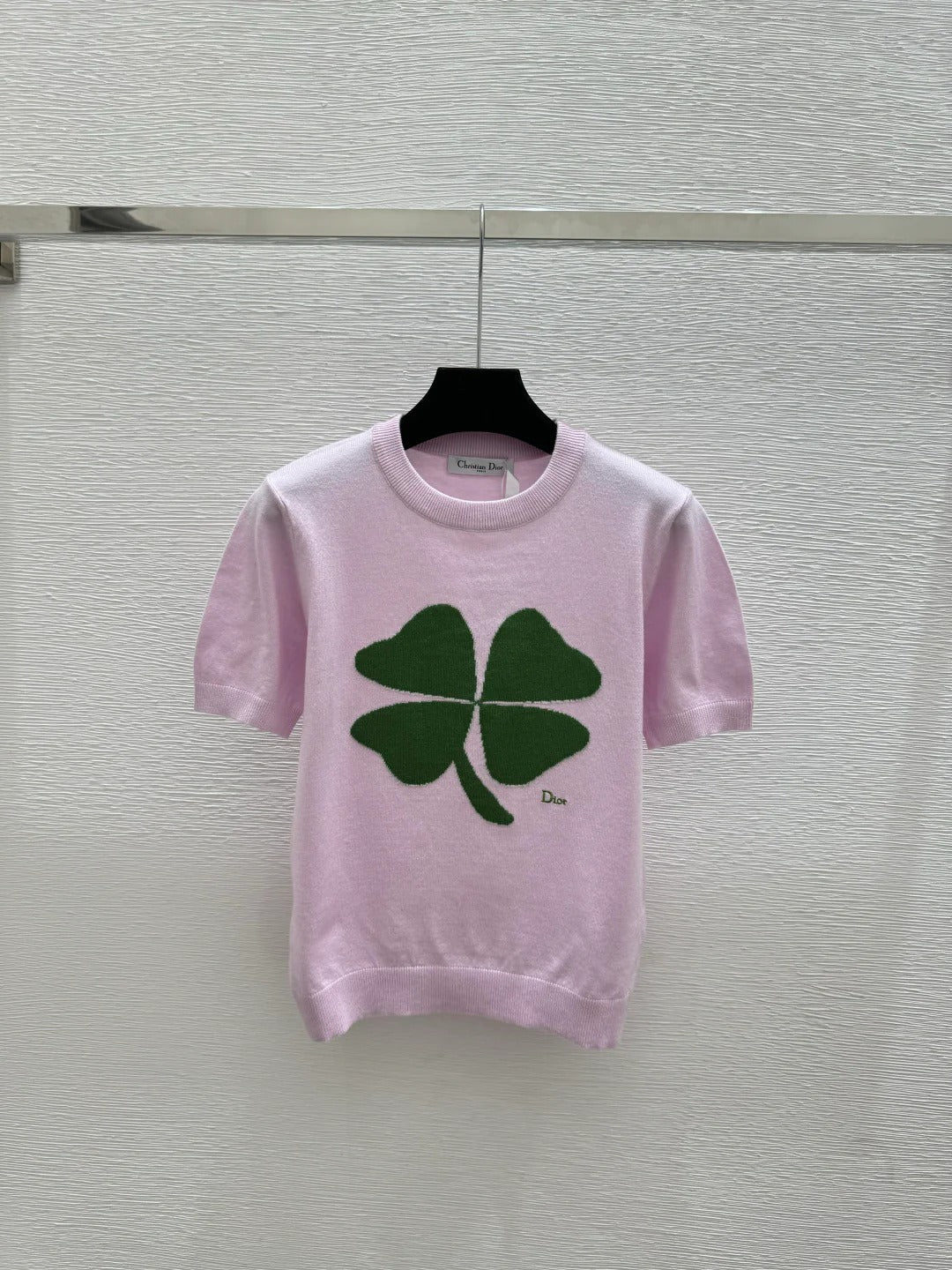 Dior 2026 Clover Embroidery T-shirt White and Pink Wool