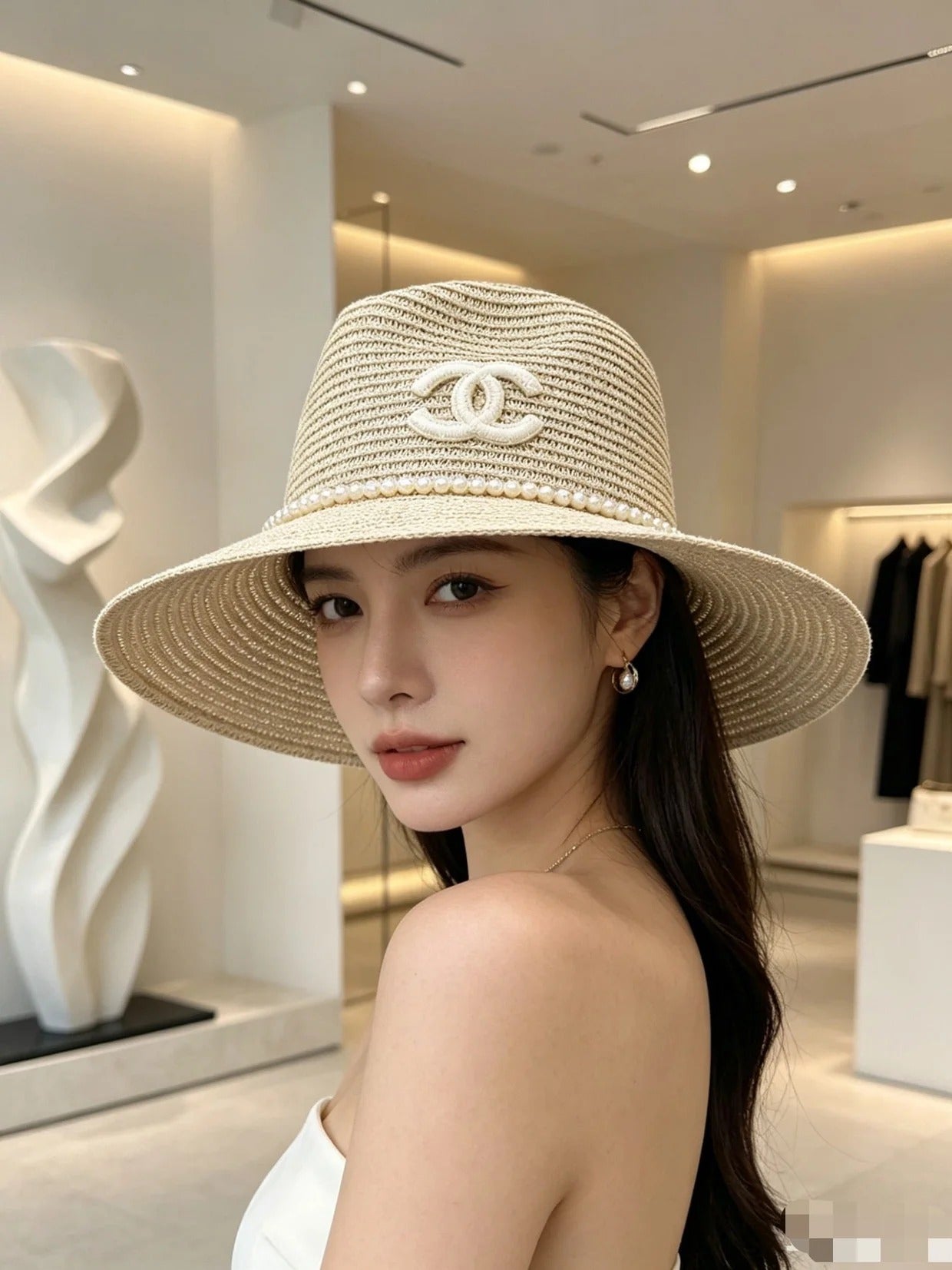 Chanel Straw Hat With Pearl and Logo 280796