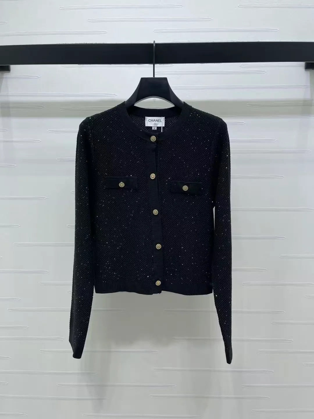 Chanel 2026 Sequined Crew Neck Knit Cardigan Silk Wool
