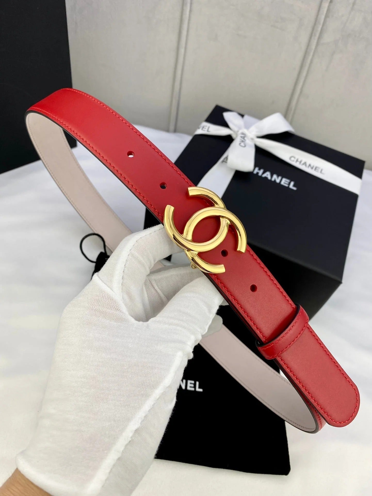 CC Women's Belt 3.0CM Red Cowhide 586502