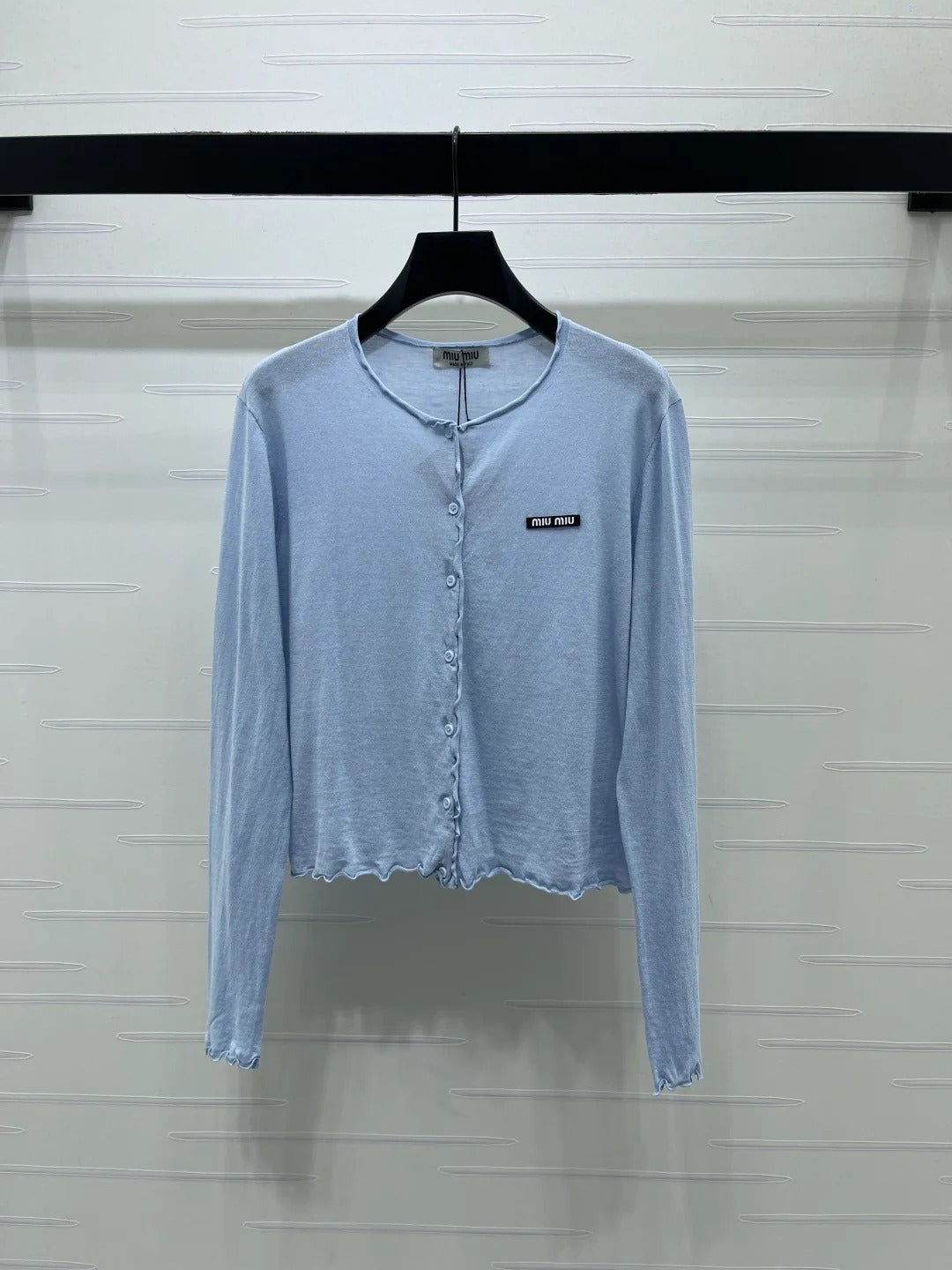 Miumiu 2026 Crew Neck Knit Long-Sleeve Cardigan White and Blue Cotton 356469